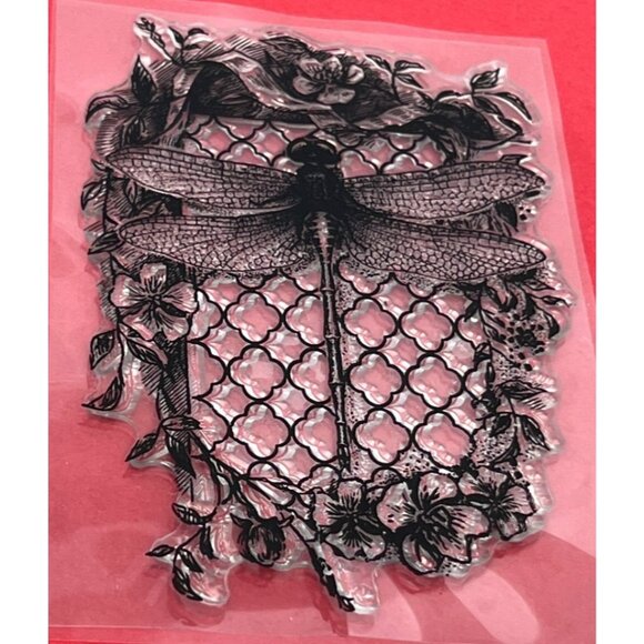 Deep Red Stamps DRAGONFLY ON TRELLIS CLEAR CLING PHOTOPOLYMER STAMP - Picture 1 of 5